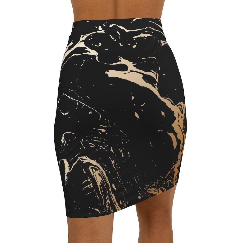 Women's black and beige marble style pencil skirt with a mid-waist slim fit and elastic waistband, showcasing a stylish design.