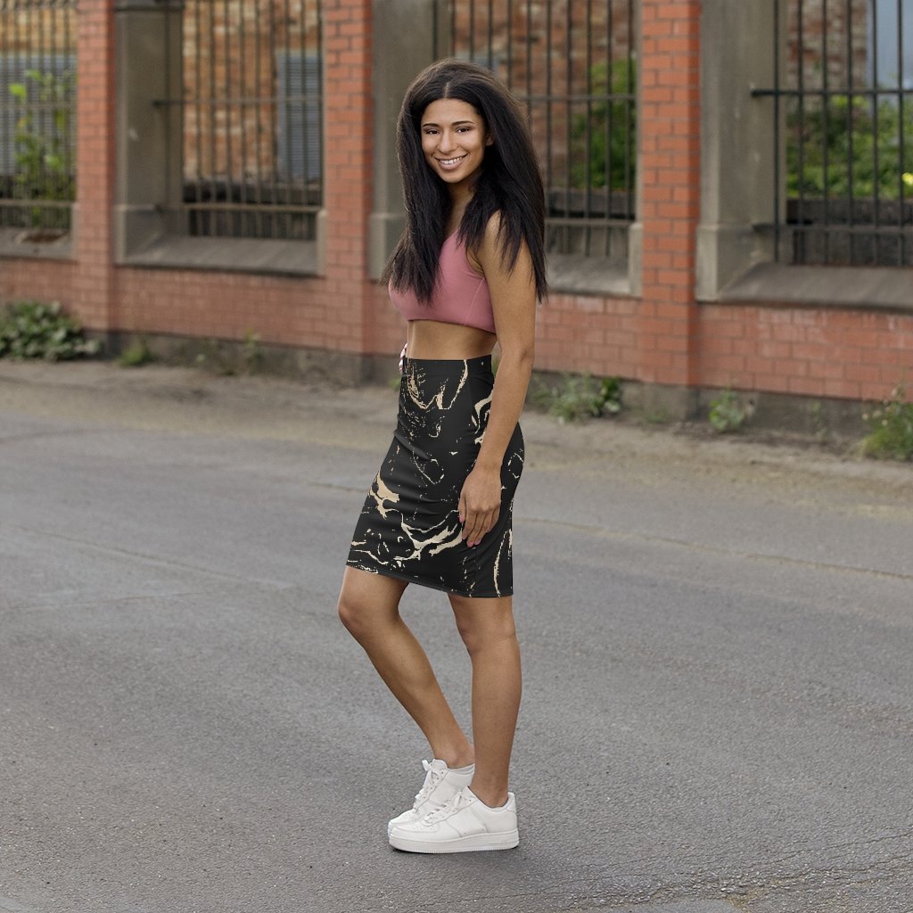 Women's black and beige marble style pencil skirt with a mid-waist slim fit and elastic waistband, showcasing a stylish design.