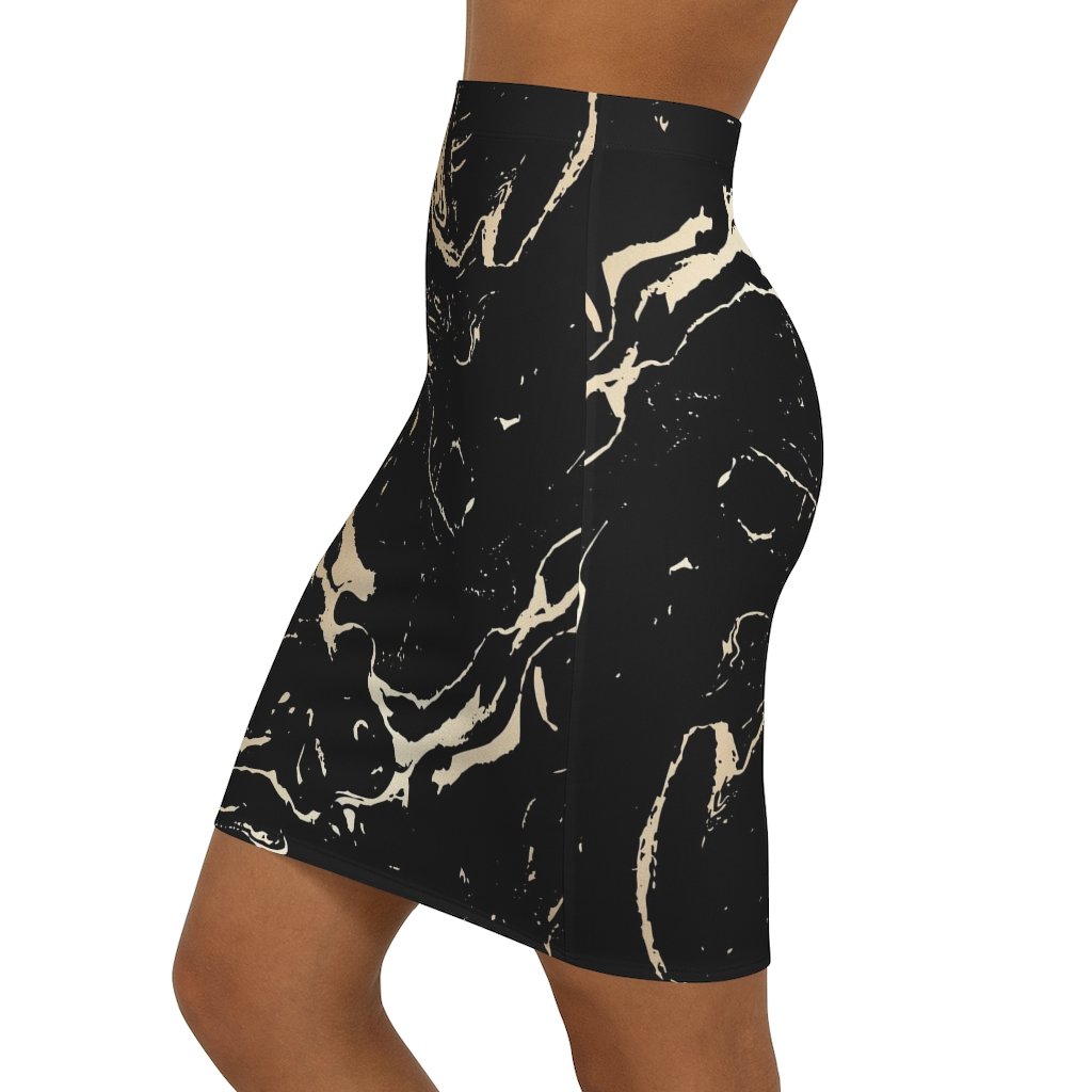 Women's black and beige marble style pencil skirt with a mid-waist slim fit and elastic waistband, showcasing a stylish design.