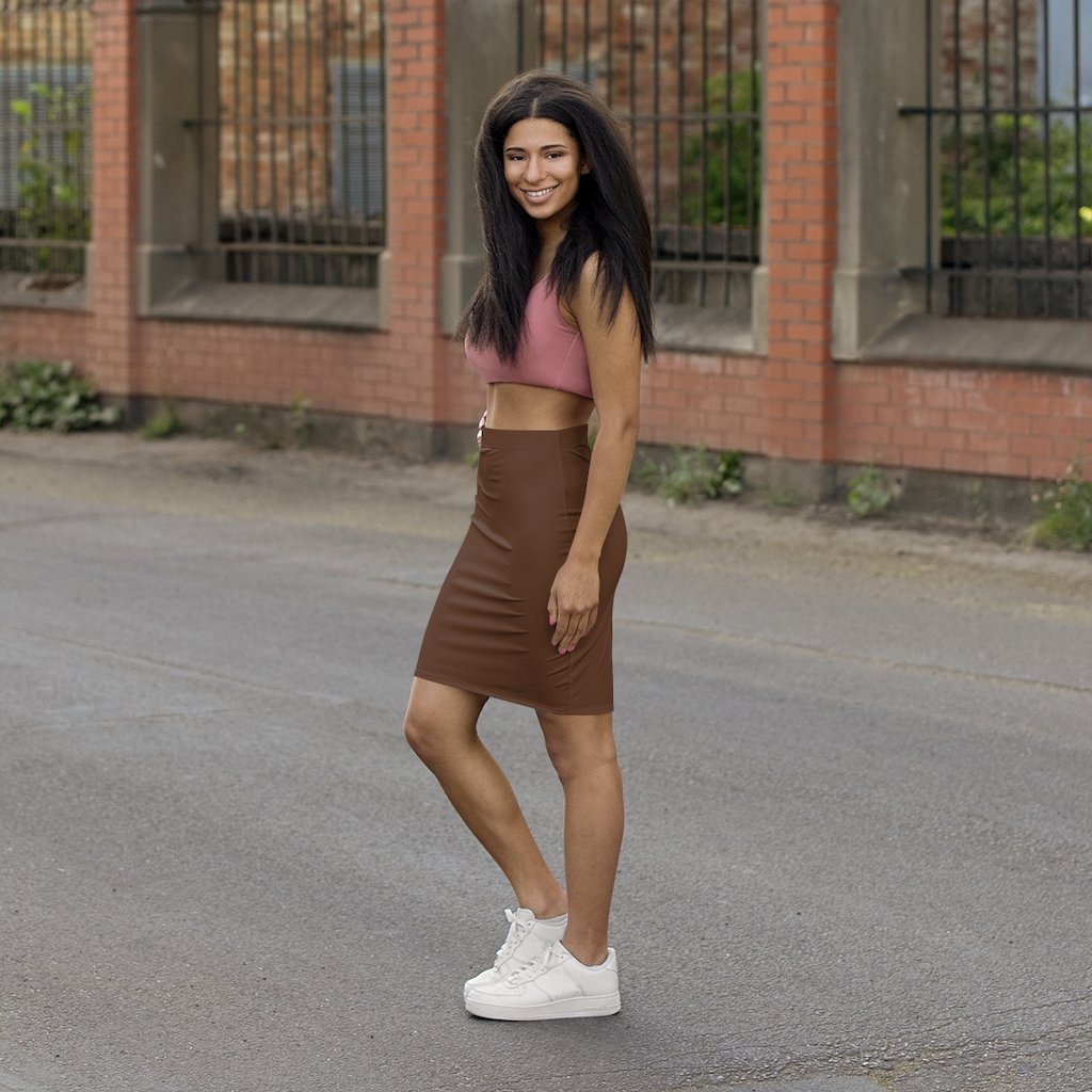 Chocolate brown pencil skirt made of polyester and spandex, featuring a mid-waist slim fit and elastic waistband.