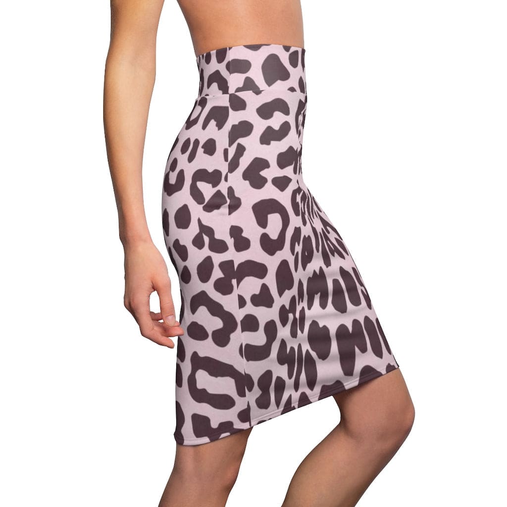 A stylish women's high waisted pink leopard print mini-skirt, showcasing its vibrant pattern and flattering cut.