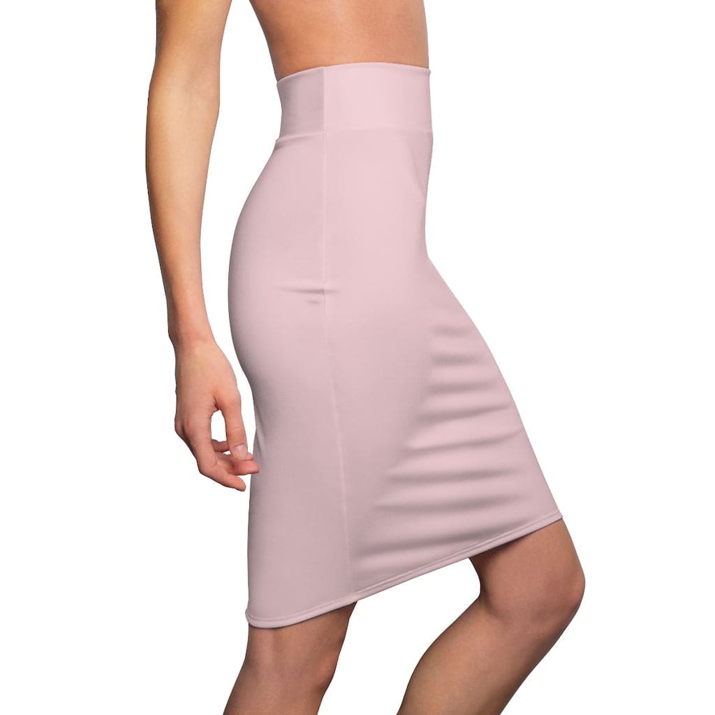 Light pink pencil skirt made of polyester and spandex, featuring a mid-waist slim fit and elastic waistband.