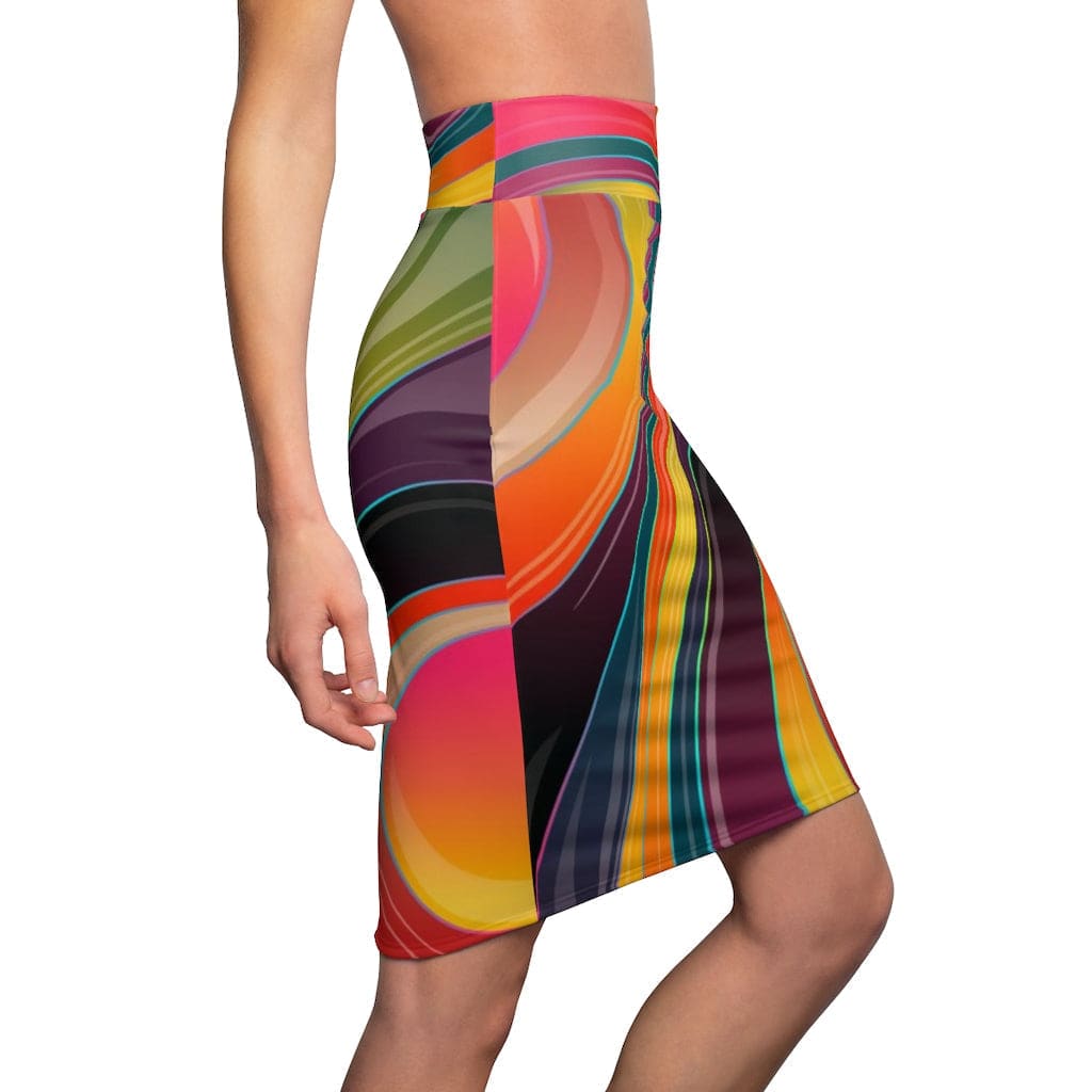 A vibrant women's pencil skirt featuring a multicolor abstract swirl pattern, made from a stretchy polyester and spandex blend, showcasing a mid-waist slim fit.