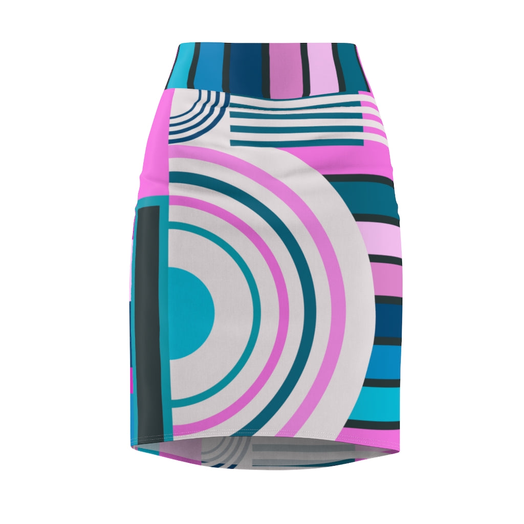 Womens Pink and Blue High Waist Pencil Skirt, showcasing fitted stretch material and vibrant colors.