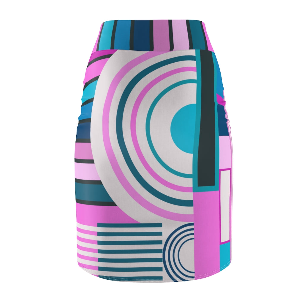 Womens Pink and Blue High Waist Pencil Skirt, showcasing fitted stretch material and vibrant colors.