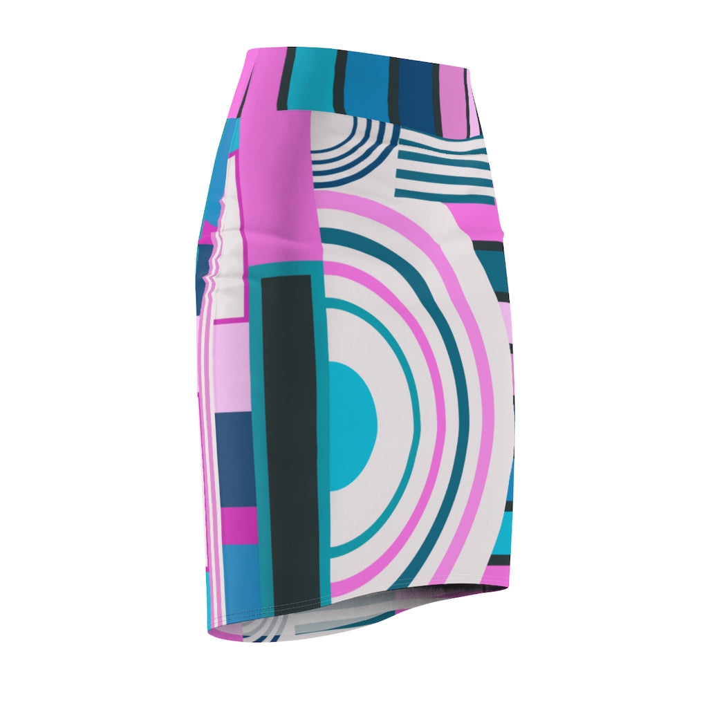 Womens Pink and Blue High Waist Pencil Skirt, showcasing fitted stretch material and vibrant colors.