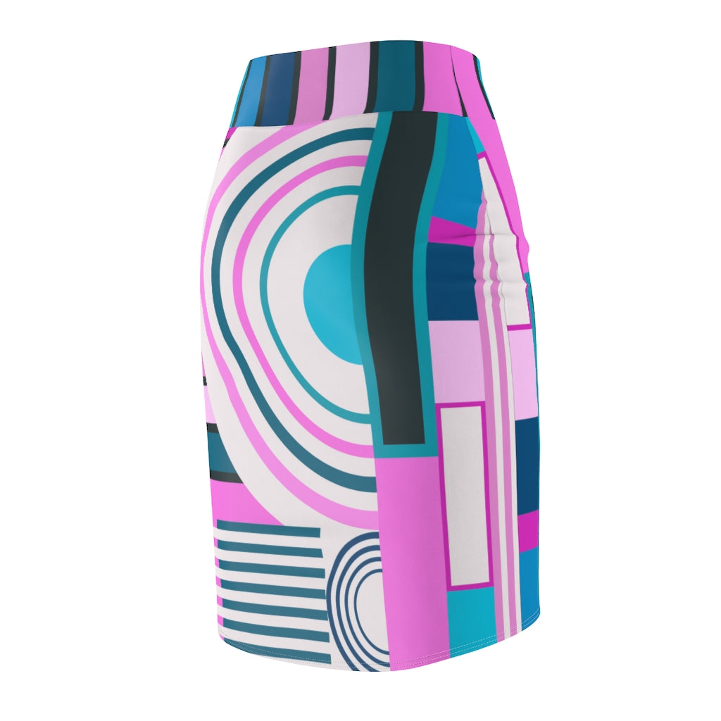 Womens Pink and Blue High Waist Pencil Skirt, showcasing fitted stretch material and vibrant colors.