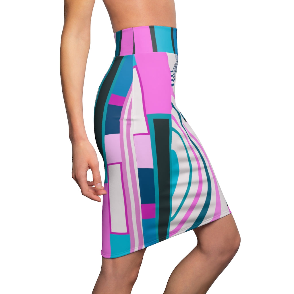 Womens Pink and Blue High Waist Pencil Skirt, showcasing fitted stretch material and vibrant colors.