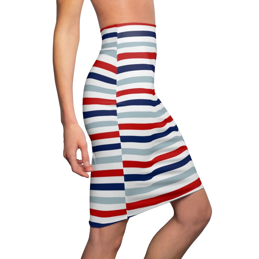 Womens Red White and Blue Pencil Skirt showcasing a contoured fit, vibrant colors, and high-quality fabric.