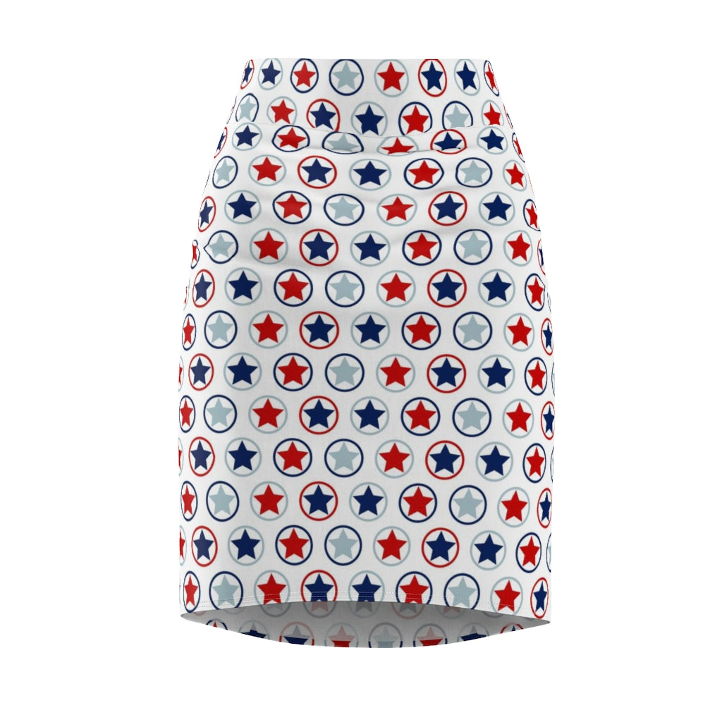 Womens Stars And Stripes Pencil Skirt showcasing a contoured fit and vibrant design, perfect for stylish occasions.