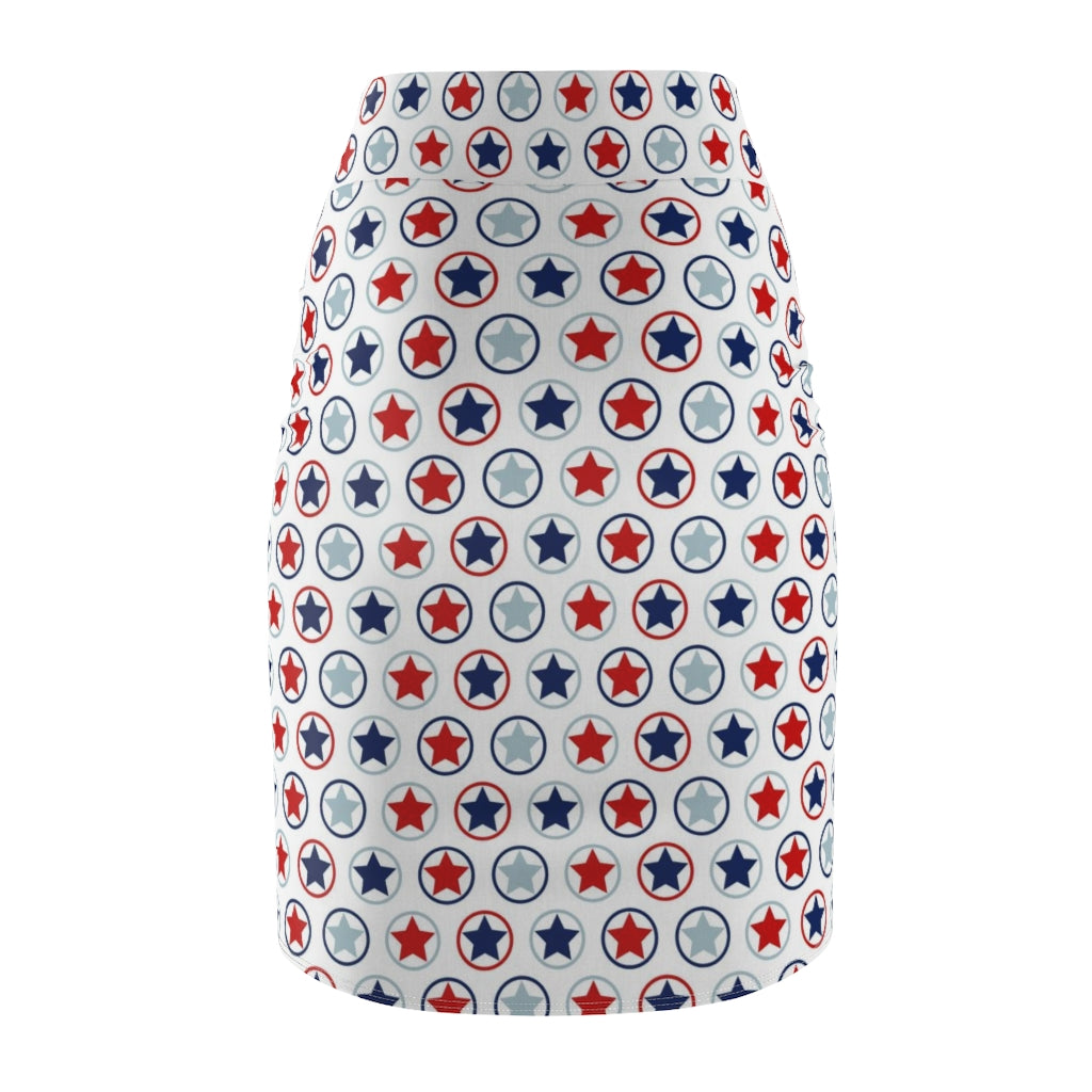 Womens Stars And Stripes Pencil Skirt showcasing a contoured fit and vibrant design, perfect for stylish occasions.