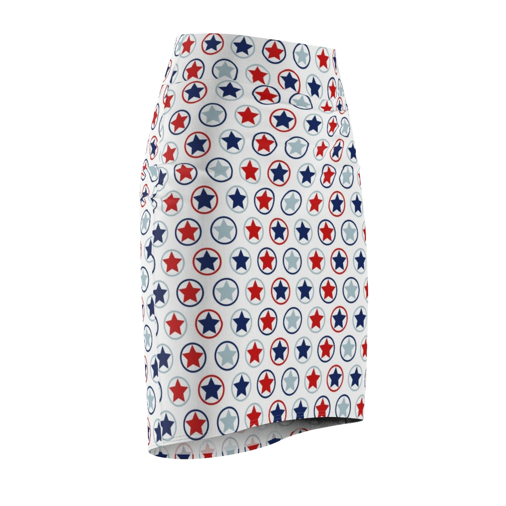 Womens Stars And Stripes Pencil Skirt showcasing a contoured fit and vibrant design, perfect for stylish occasions.