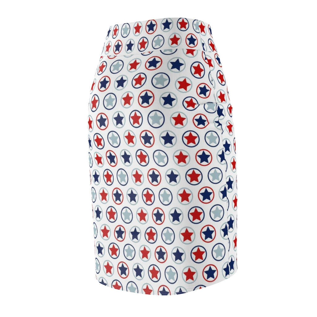 Womens Stars And Stripes Pencil Skirt showcasing a contoured fit and vibrant design, perfect for stylish occasions.