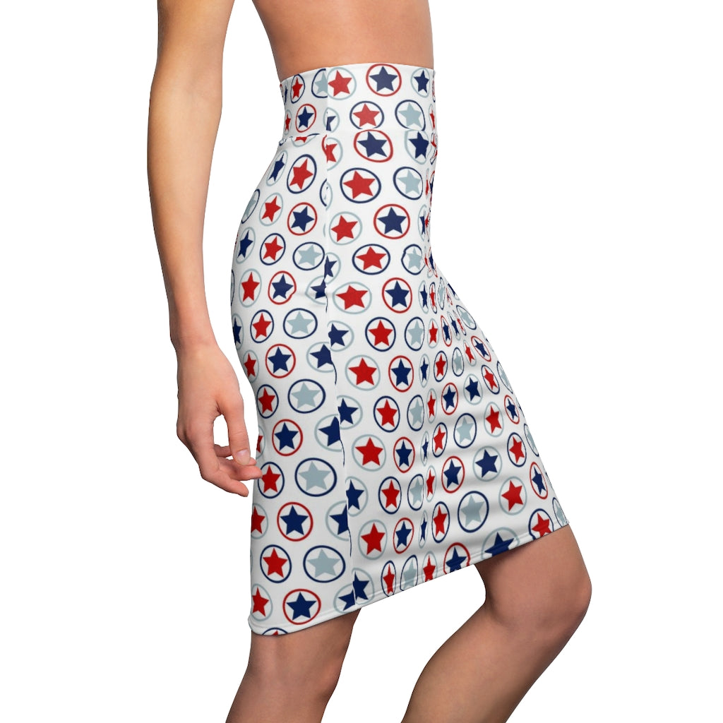 Womens Stars And Stripes Pencil Skirt showcasing a contoured fit and vibrant design, perfect for stylish occasions.