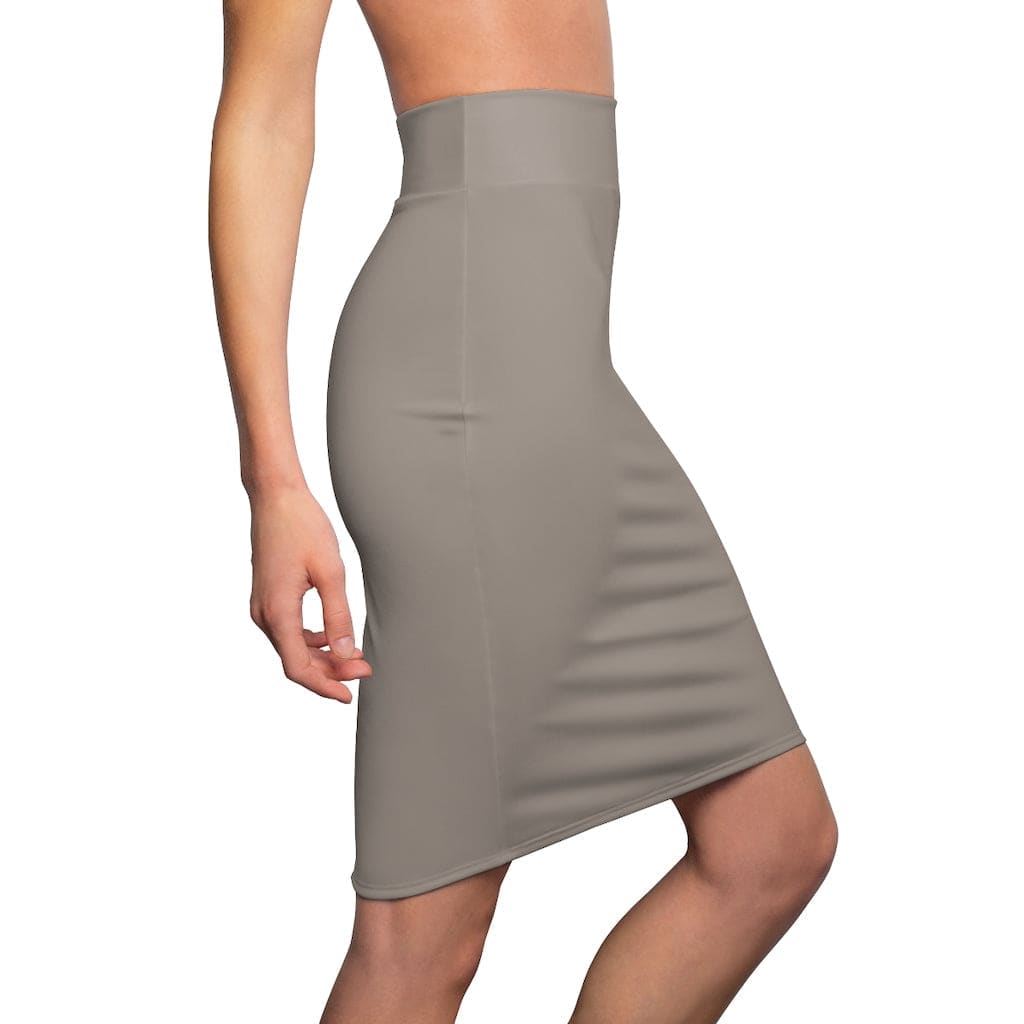 A stylish taupe brown pencil skirt made of stretchy fabric, featuring a mid-waist slim fit and elastic waistband.