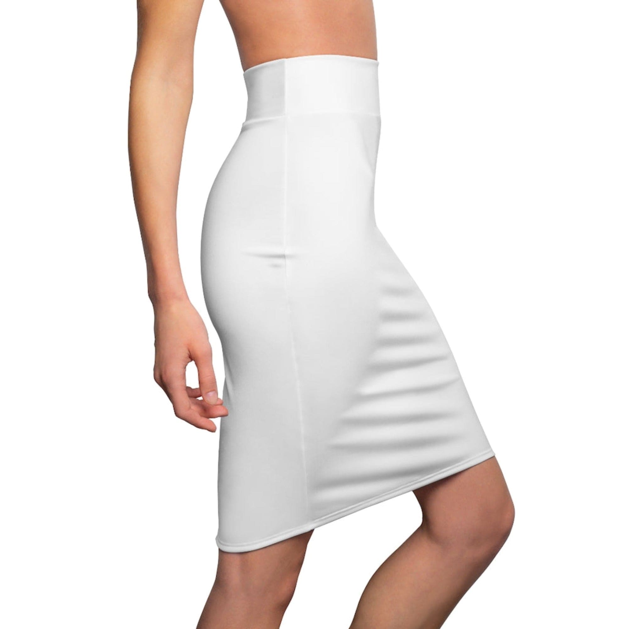 A stylish women's white pencil skirt with a high waist design, made from fitted stretch material, perfect for various occasions.