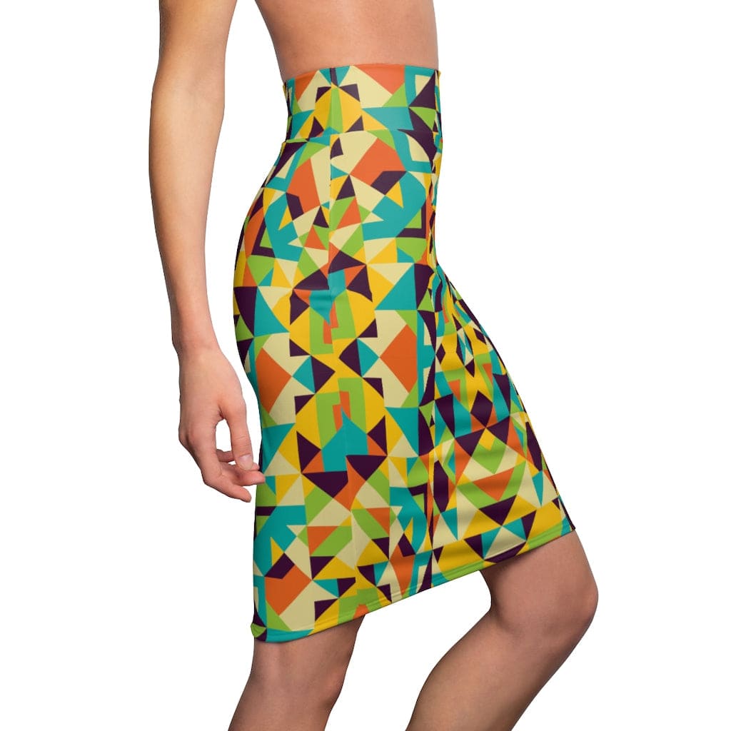 A stylish women's pencil skirt featuring a vibrant yellow multicolor geometric pattern, made of stretchy polyester and spandex blend, perfect for various occasions.