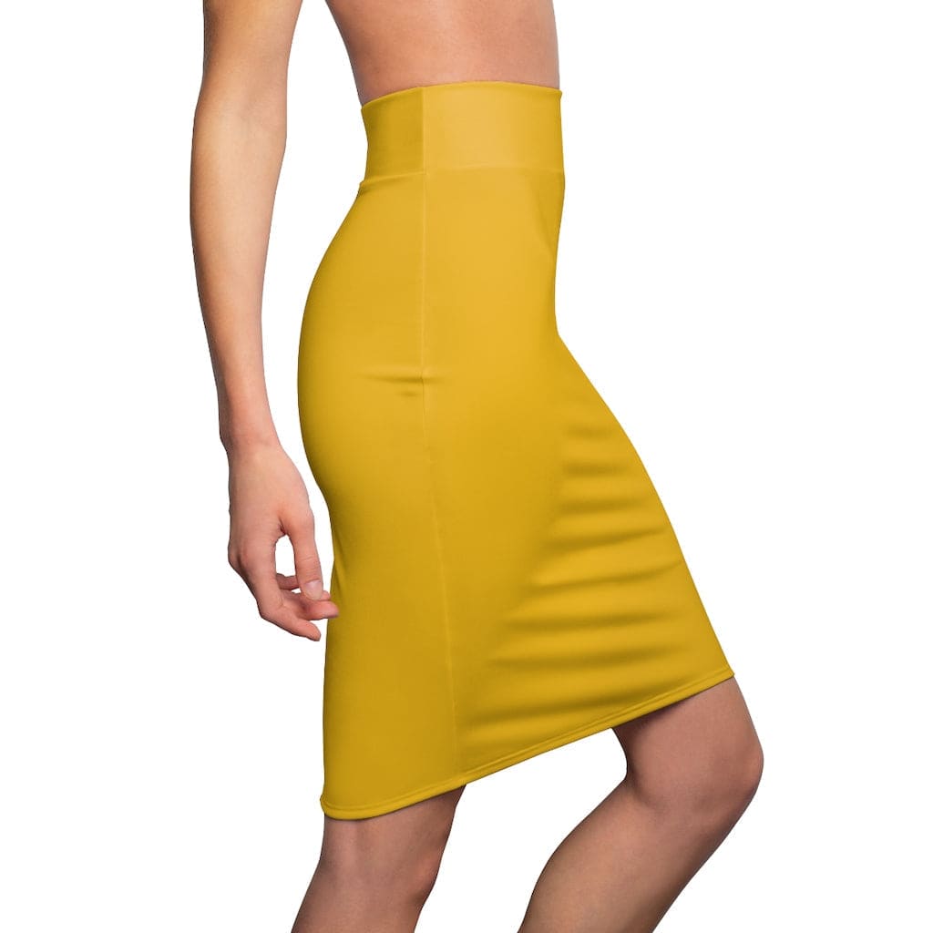 A stylish yellow pencil skirt made of polyester and spandex, featuring a mid-waist slim fit and slight tapering along the outer thigh.