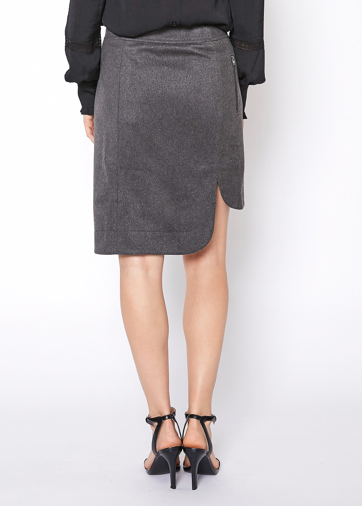 A stylish Women's Zip Front Skirt featuring a front zip closure and pocket, made from a comfortable polyester-spandex blend.