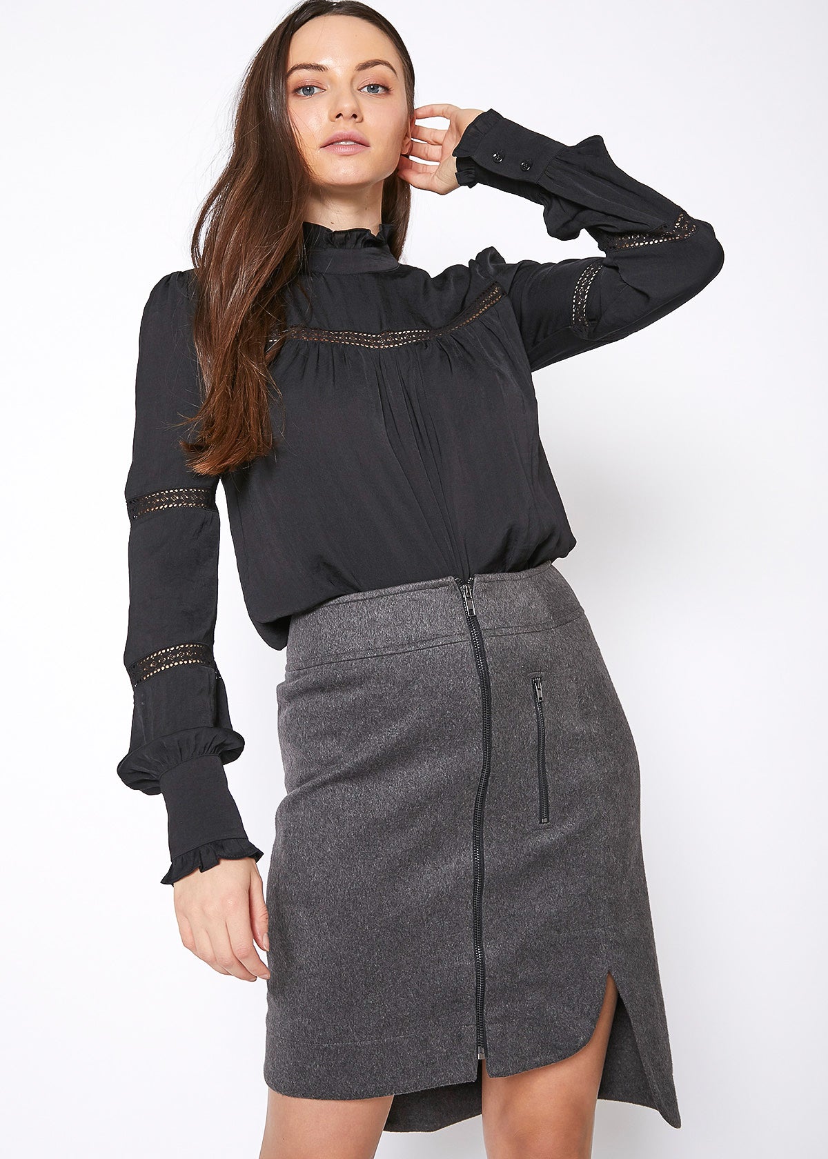 A stylish Women's Zip Front Skirt featuring a front zip closure and pocket, made from a comfortable polyester-spandex blend.