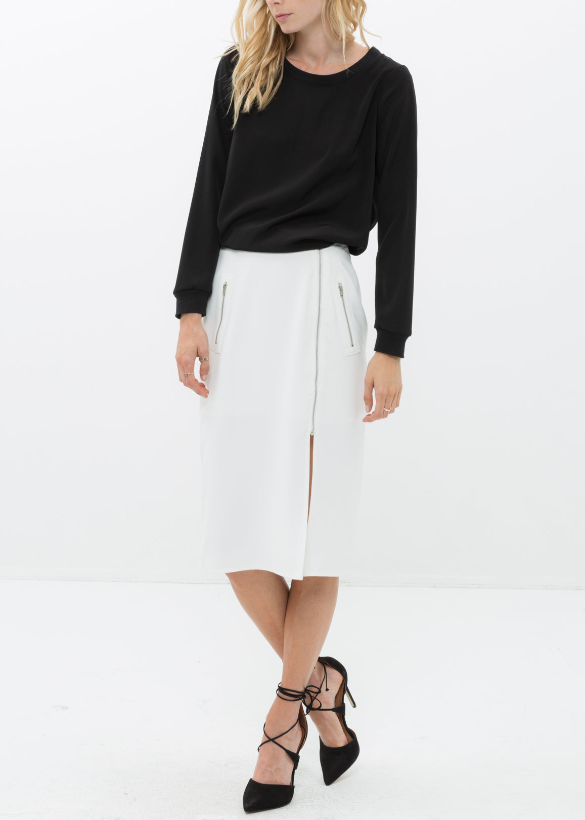 Women's Zip Up Slit Hem Midi Skirt featuring a stylish slit and zip closure, made from soft polyester fabric.