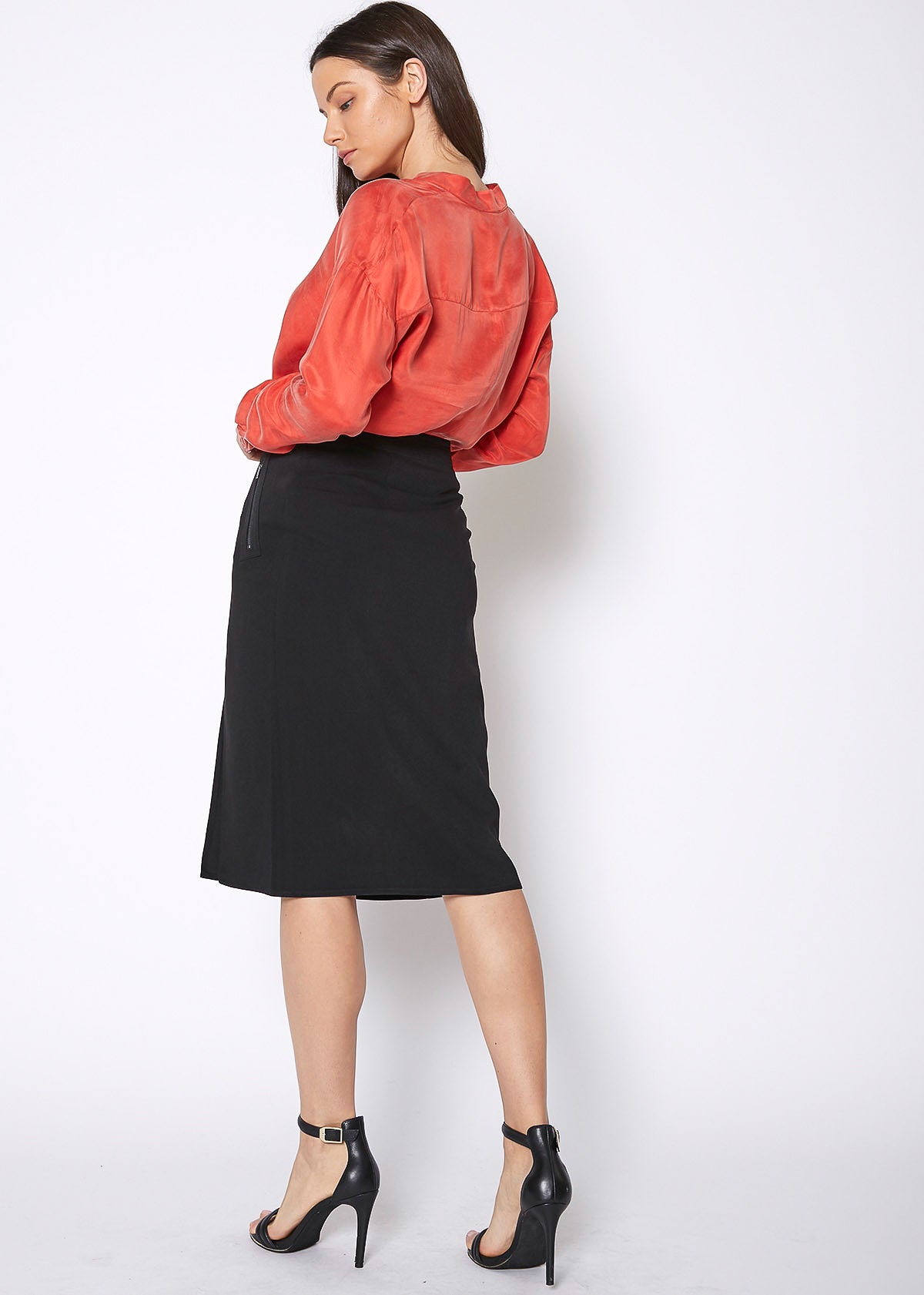 Women's Zip Up Slit Hem Midi Skirt featuring a stylish slit and zip closure, made from soft polyester fabric.