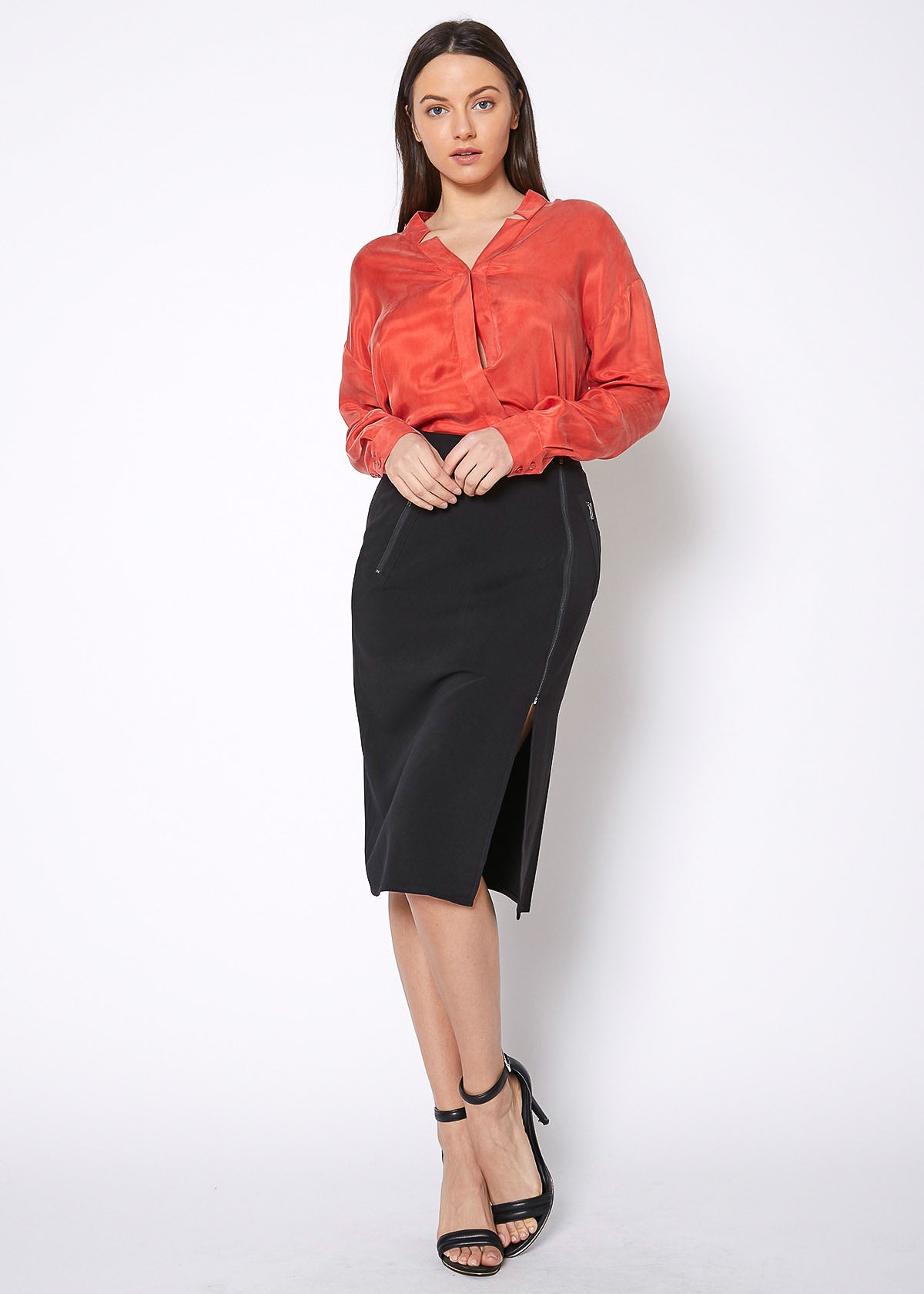 Women's Zip Up Slit Hem Midi Skirt featuring a stylish slit and zip closure, made from soft polyester fabric.