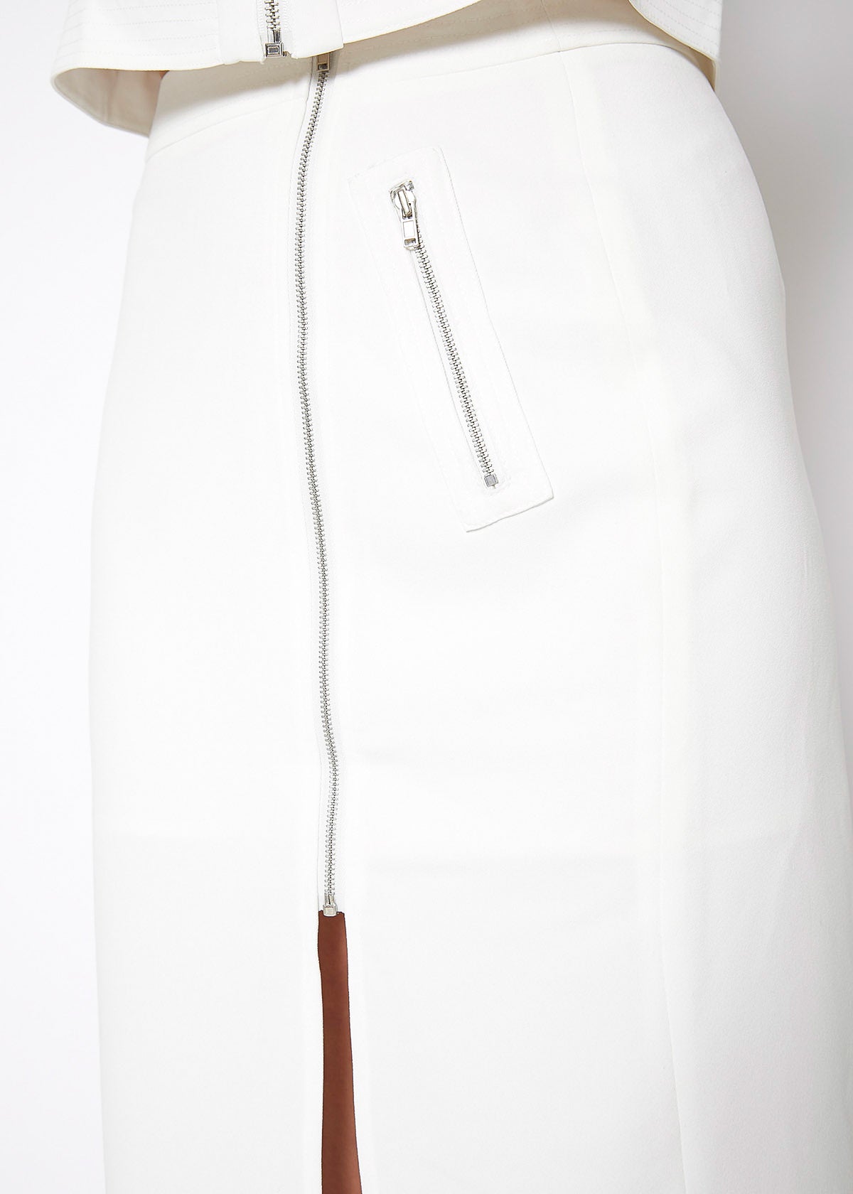 Women's Zip Up Slit Hem Midi Skirt featuring a stylish slit and zip closure, made from soft polyester fabric.