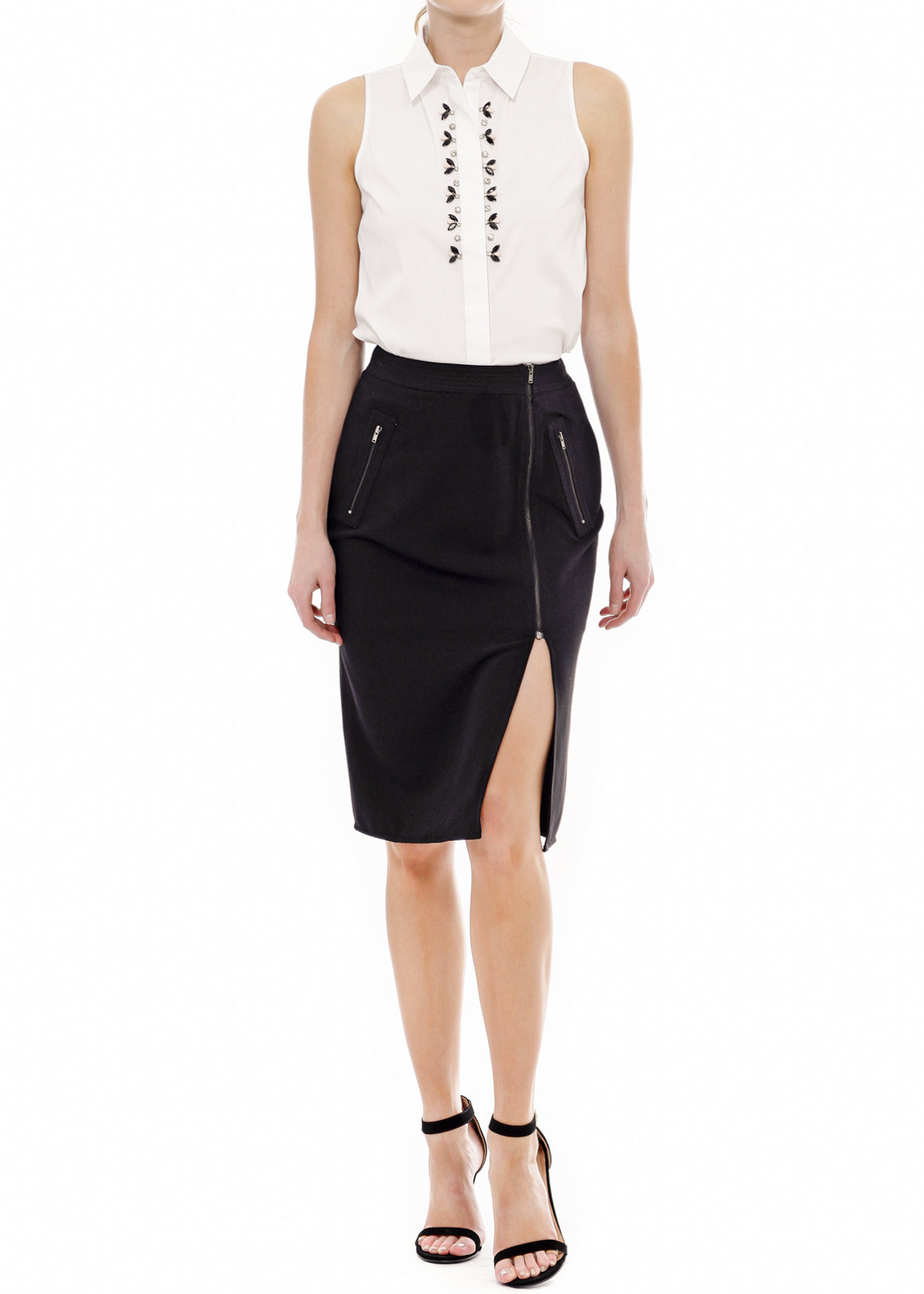 Women's Zip Up Slit Hem Midi Skirt featuring a stylish slit and zip closure, made from soft polyester fabric.