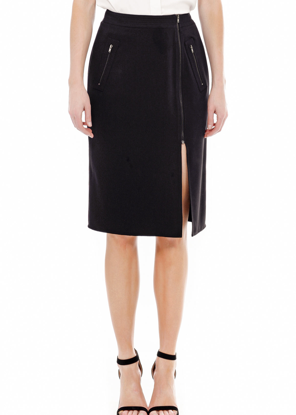 Women's Zip Up Slit Hem Midi Skirt featuring a stylish slit and zip closure, made from soft polyester fabric.