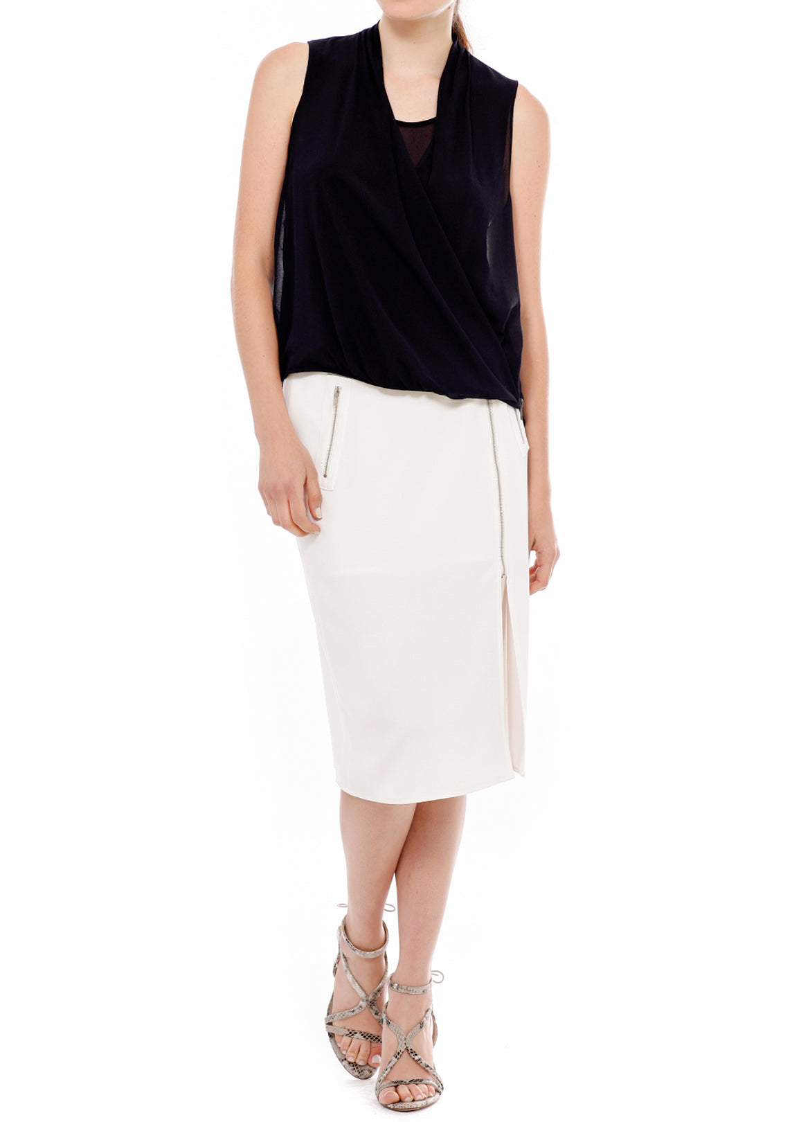 Women's Zip Up Slit Hem Midi Skirt featuring a stylish slit and zip closure, made from soft polyester fabric.