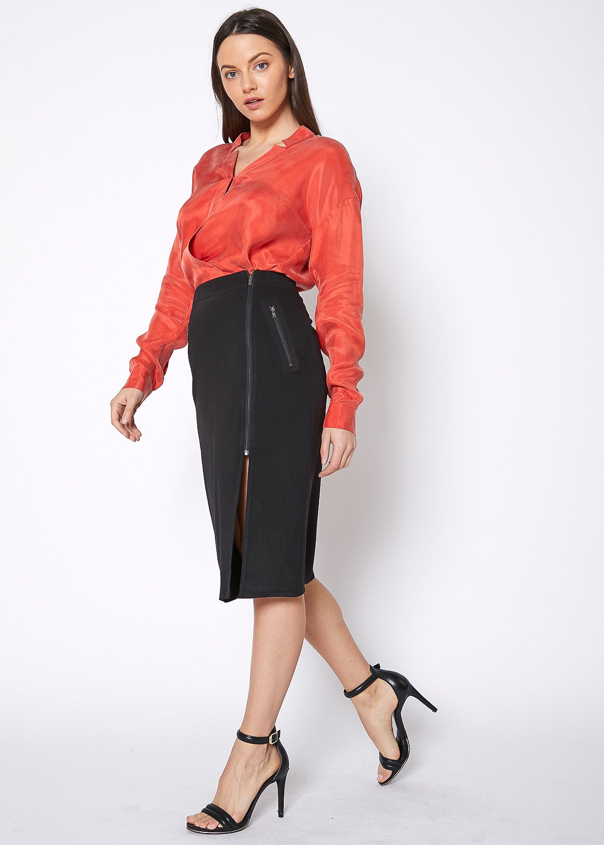 Women's Zip Up Slit Hem Midi Skirt featuring a stylish slit and zip closure, made from soft polyester fabric.