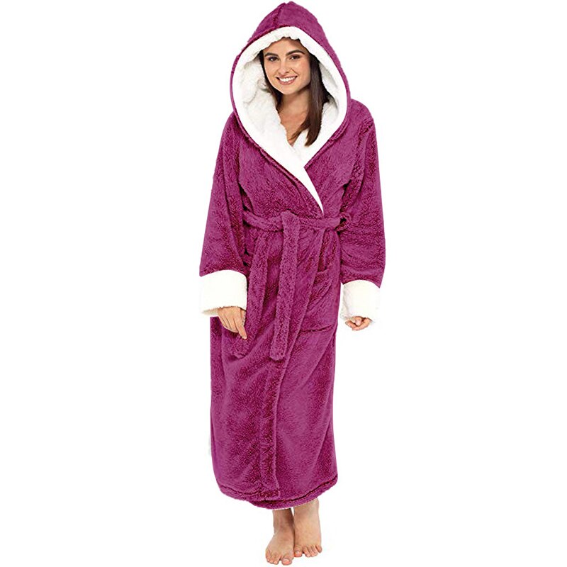 A luxurious long-sleeved hooded plush bathrobe for women, featuring a soft cashmere-like texture, ankle-length design, and full sleeves, perfect for winter nights.