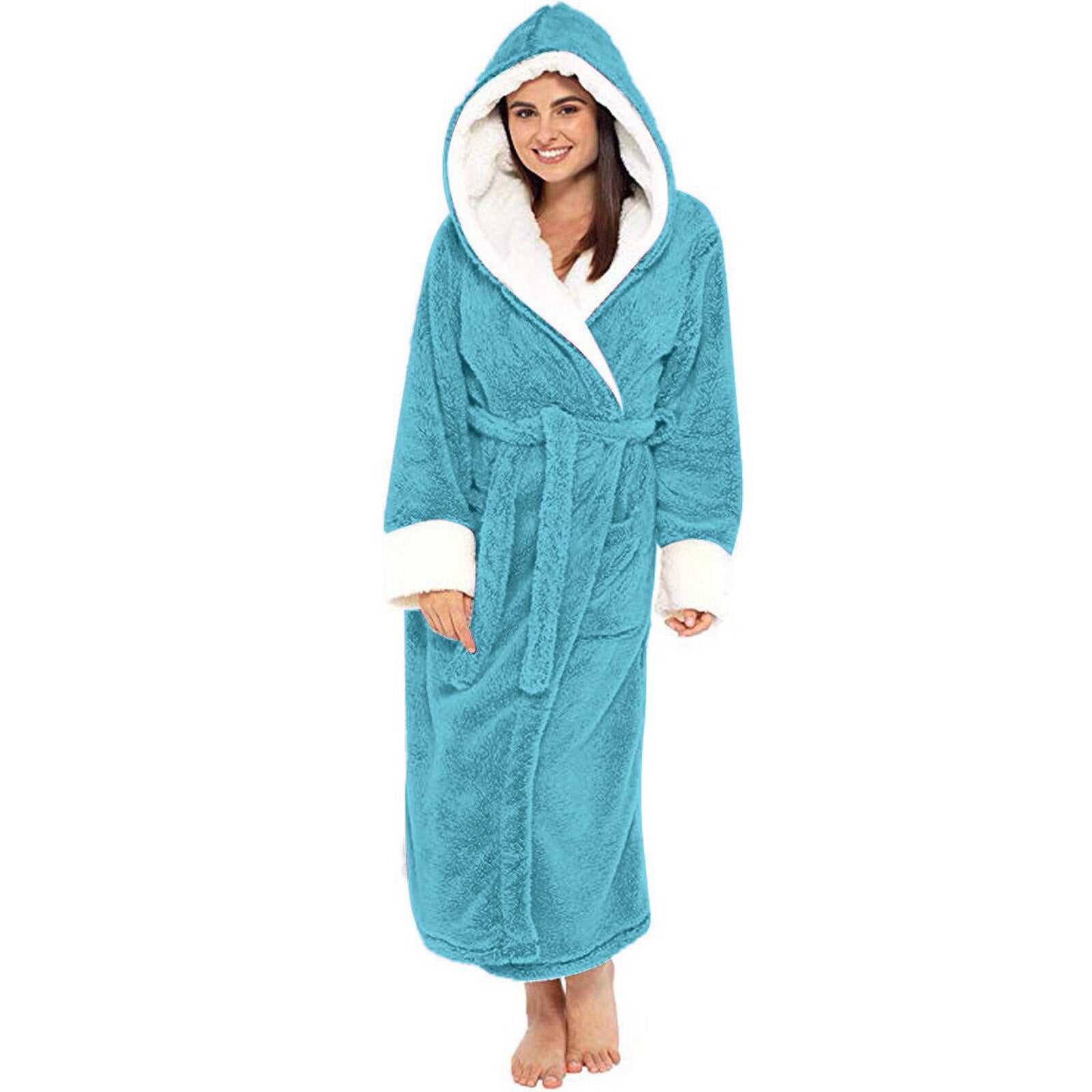 A luxurious long-sleeved hooded plush bathrobe for women, featuring a soft cashmere-like texture, ankle-length design, and full sleeves, perfect for winter nights.