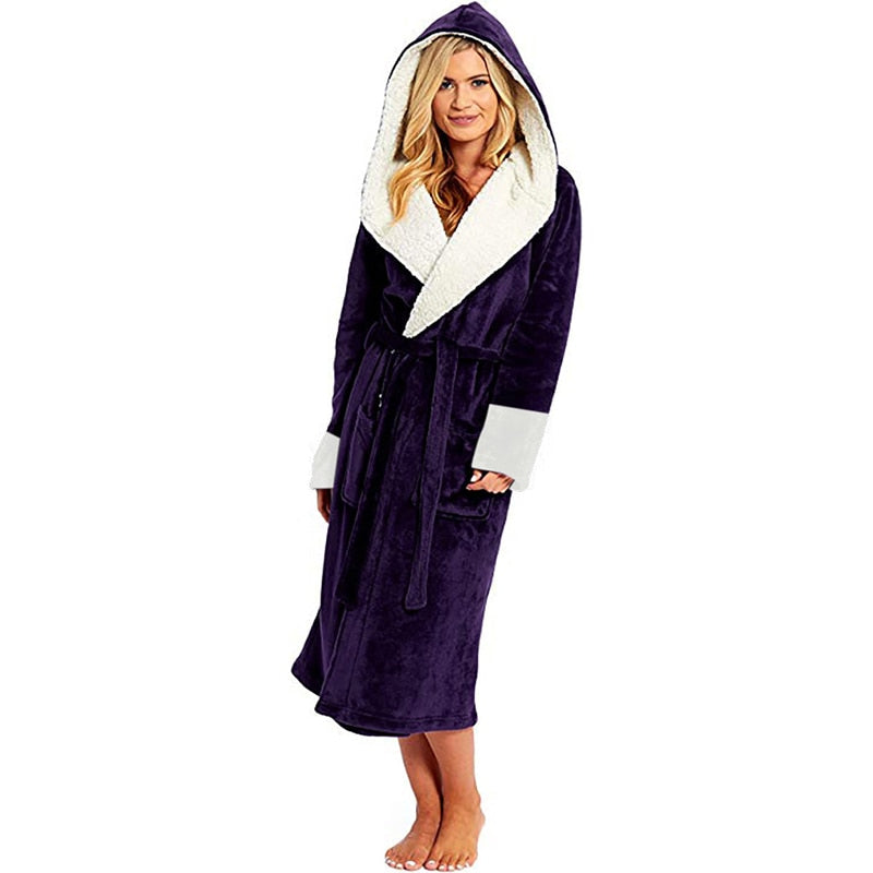 A luxurious long-sleeved hooded plush bathrobe for women, featuring a soft cashmere-like texture, ankle-length design, and full sleeves, perfect for winter nights.