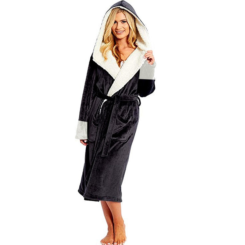 A luxurious long-sleeved hooded plush bathrobe for women, featuring a soft cashmere-like texture, ankle-length design, and full sleeves, perfect for winter nights.