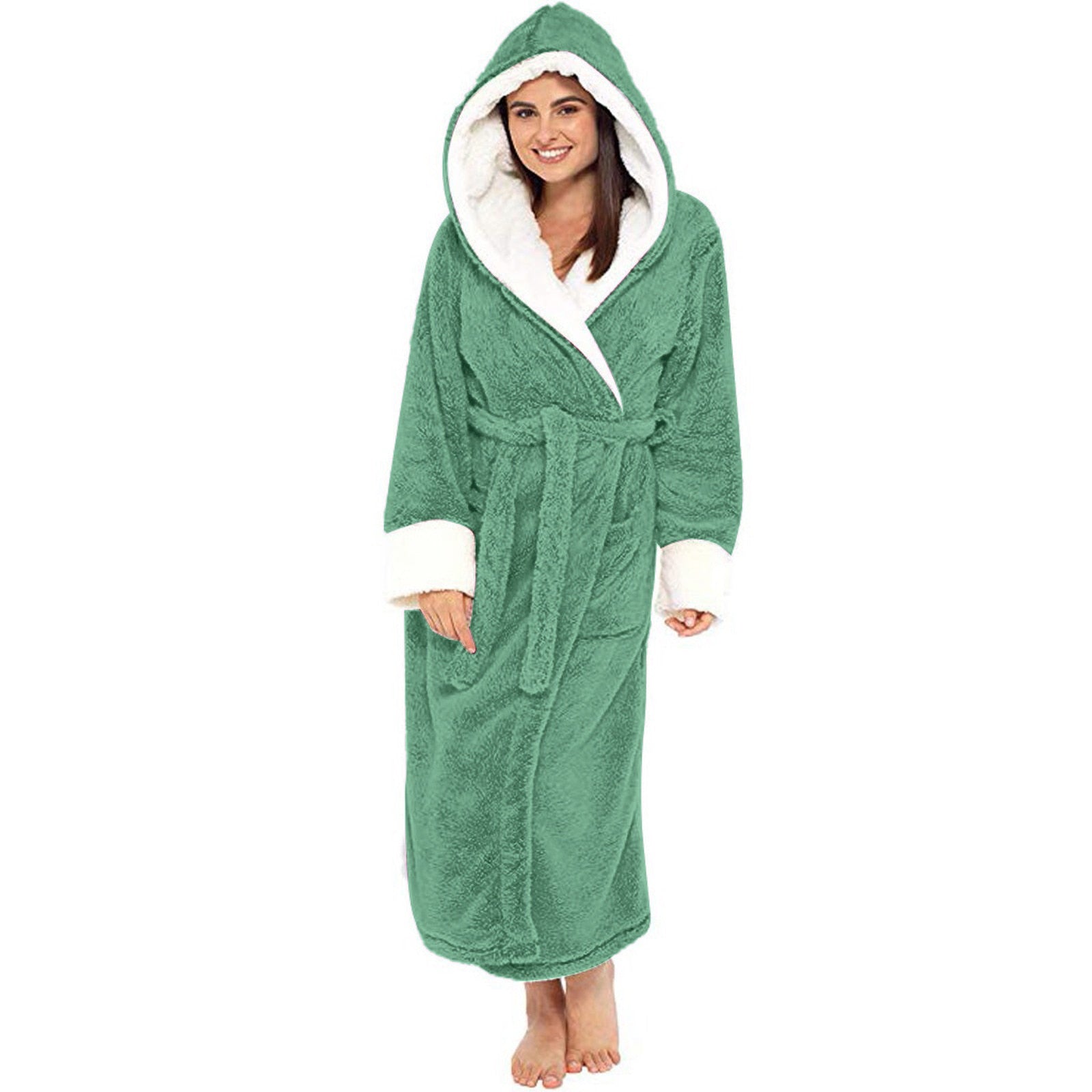 A luxurious long-sleeved hooded plush bathrobe for women, featuring a soft cashmere-like texture, ankle-length design, and full sleeves, perfect for winter nights.