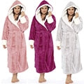 A luxurious long-sleeved hooded plush bathrobe for women, featuring a soft cashmere-like texture, ankle-length design, and full sleeves, perfect for winter nights.