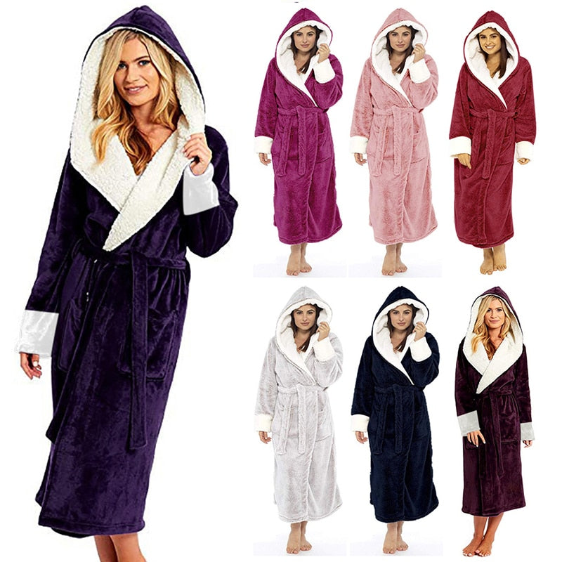 A luxurious long-sleeved hooded plush bathrobe for women, featuring a soft cashmere-like texture, ankle-length design, and full sleeves, perfect for winter nights.