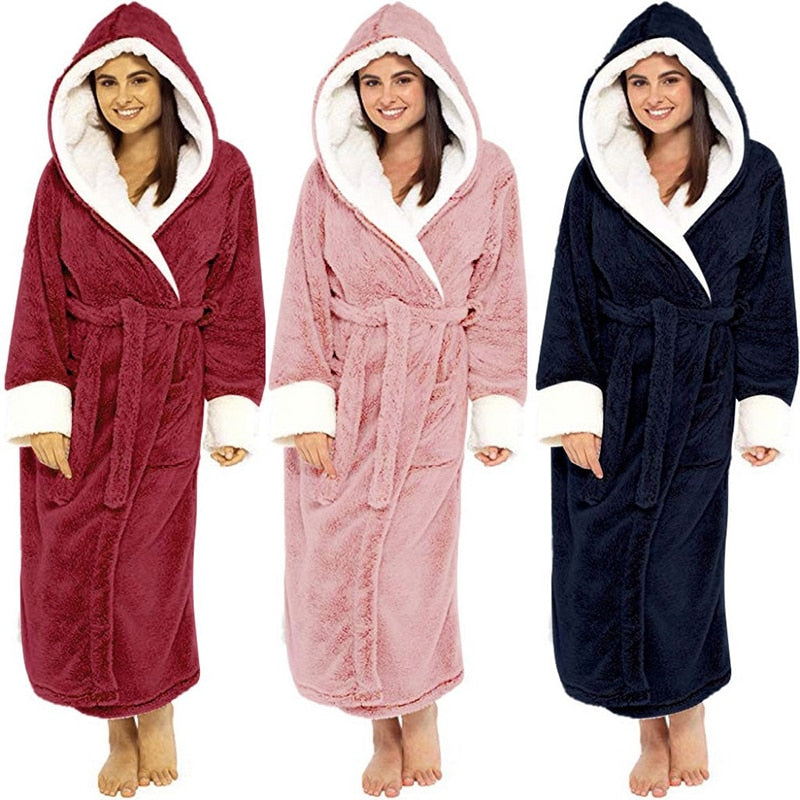 A luxurious long-sleeved hooded plush bathrobe for women, featuring a soft cashmere-like texture, ankle-length design, and full sleeves, perfect for winter nights.