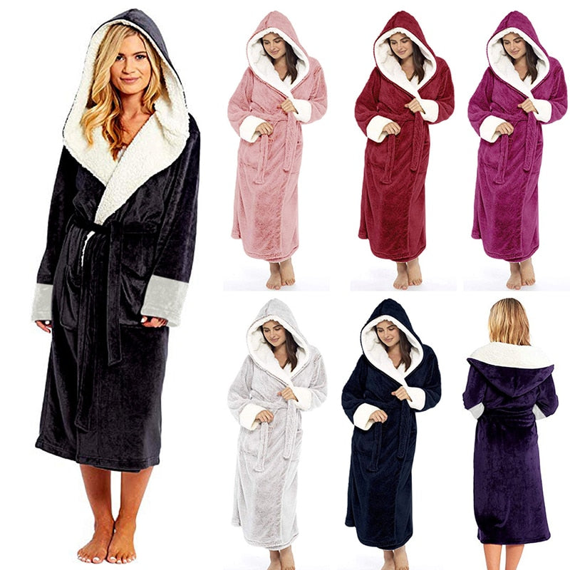 A luxurious long-sleeved hooded plush bathrobe for women, featuring a soft cashmere-like texture, ankle-length design, and full sleeves, perfect for winter nights.