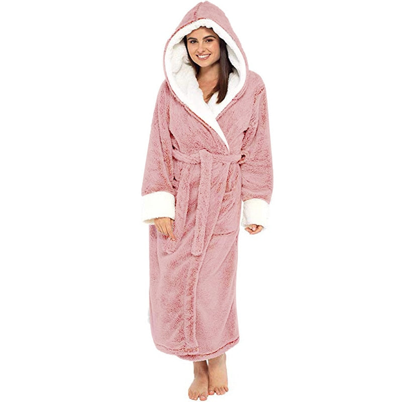 A luxurious long-sleeved hooded plush bathrobe for women, featuring a soft cashmere-like texture, ankle-length design, and full sleeves, perfect for winter nights.