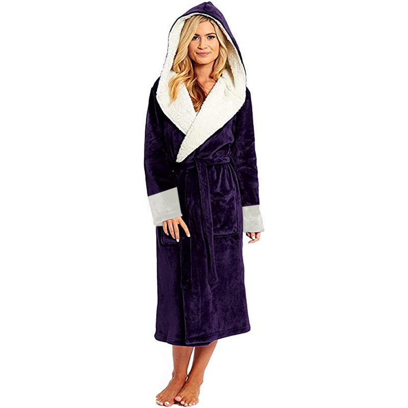 A luxurious long-sleeved hooded plush bathrobe for women, featuring a soft cashmere-like texture, ankle-length design, and full sleeves, perfect for winter nights.