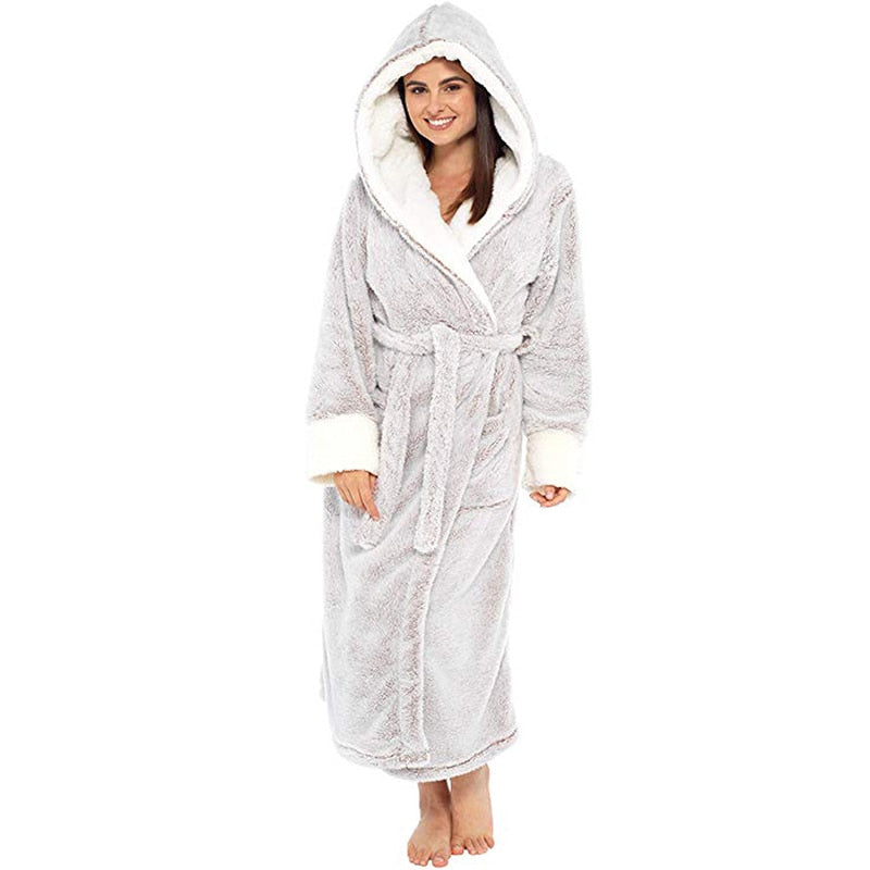 A luxurious long-sleeved hooded plush bathrobe for women, featuring a soft cashmere-like texture, ankle-length design, and full sleeves, perfect for winter nights.