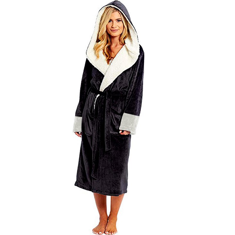 A luxurious long-sleeved hooded plush bathrobe for women, featuring a soft cashmere-like texture, ankle-length design, and full sleeves, perfect for winter nights.