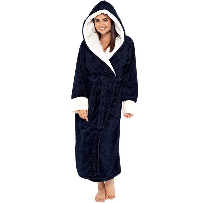 A luxurious long-sleeved hooded plush bathrobe for women, featuring a soft cashmere-like texture, ankle-length design, and full sleeves, perfect for winter nights.