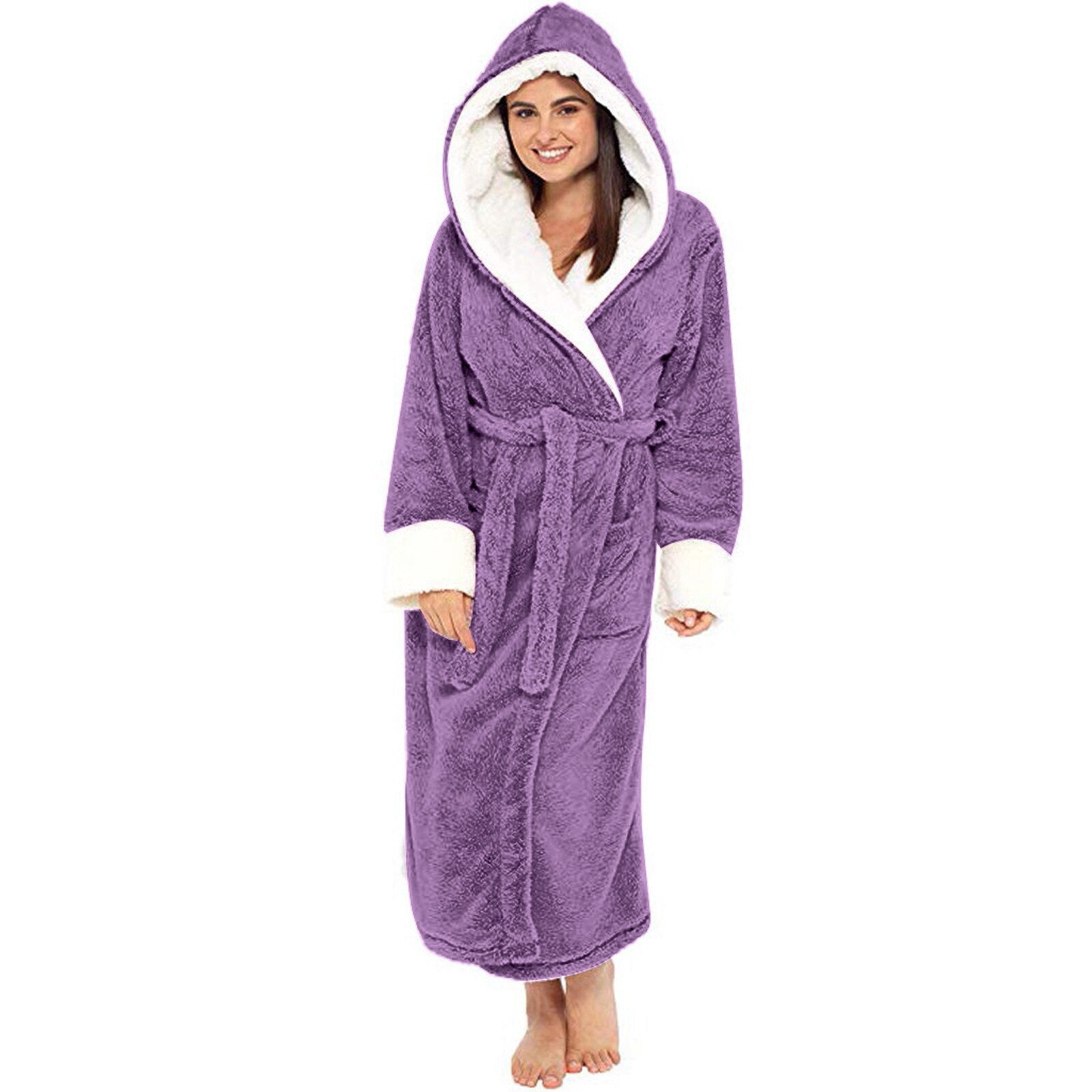 A luxurious long-sleeved hooded plush bathrobe for women, featuring a soft cashmere-like texture, ankle-length design, and full sleeves, perfect for winter nights.