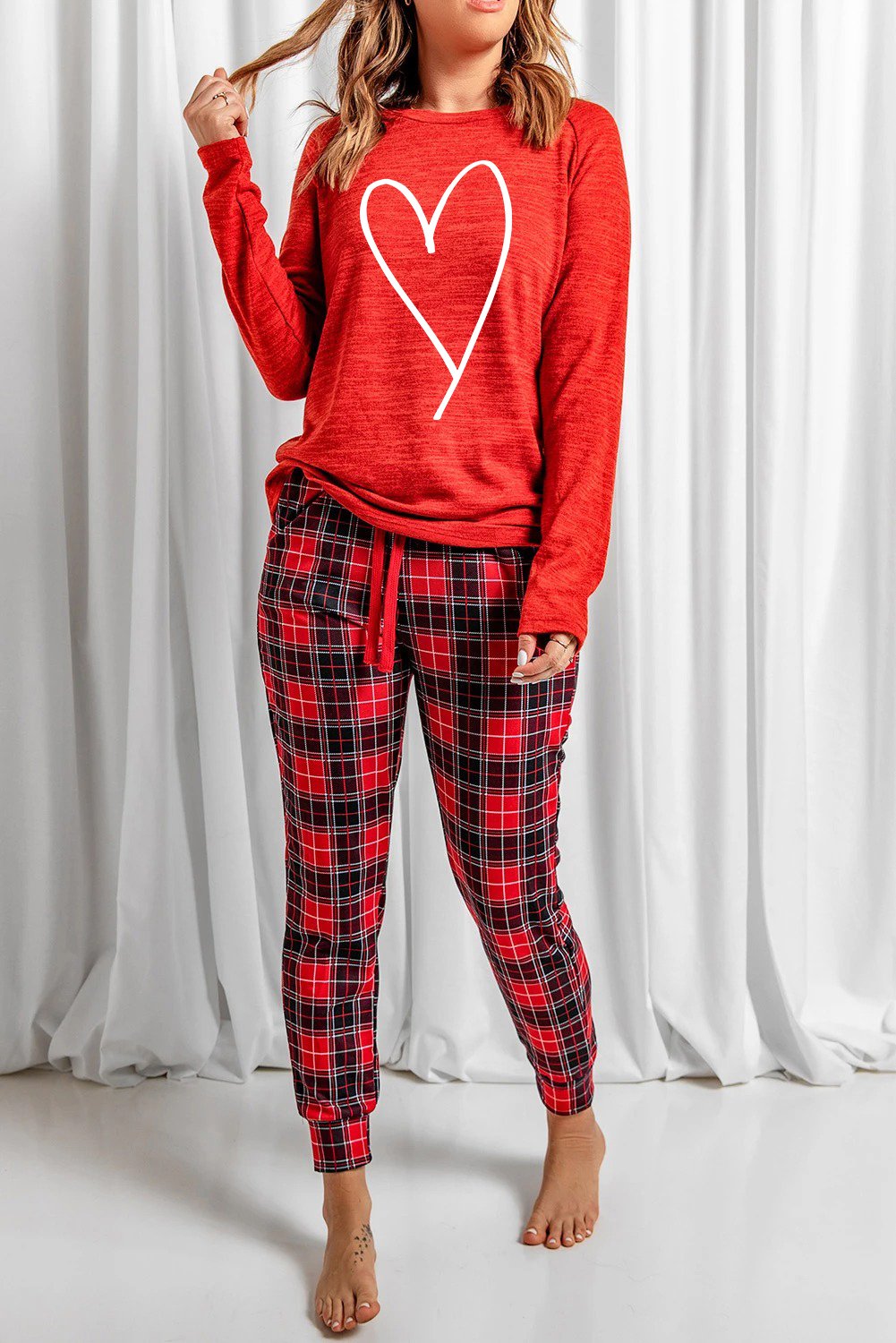 Red Heart Print Plaid Lounge Set featuring a cozy full sleeve top and matching plaid pants, perfect for winter lounging.