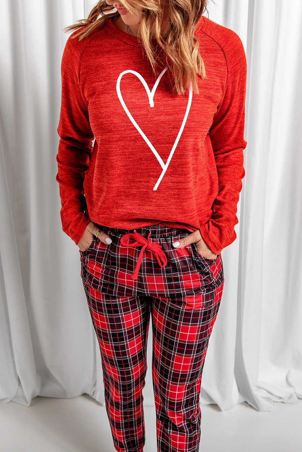 Red Heart Print Plaid Lounge Set featuring a cozy full sleeve top and matching plaid pants, perfect for winter lounging.