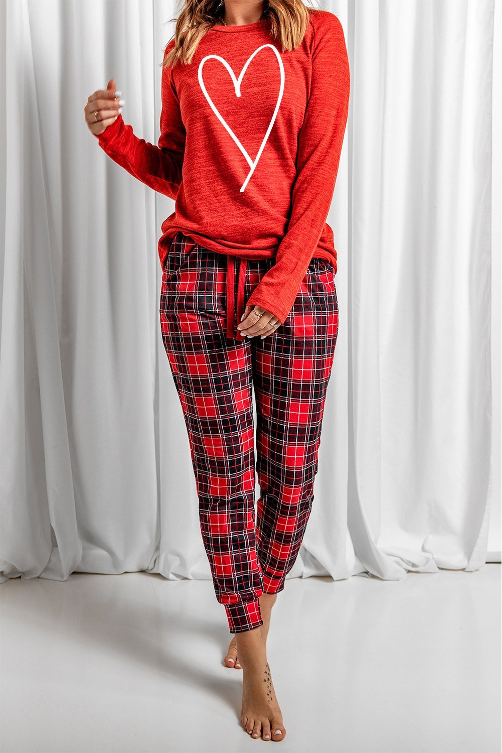 Red Heart Print Plaid Lounge Set featuring a cozy full sleeve top and matching plaid pants, perfect for winter lounging.